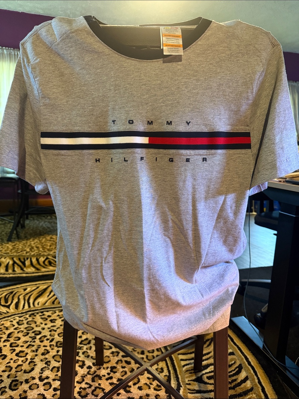 Tommy Hilfiger Light Gray Adaptive Short Sleeve Tee with Navy White Red Stripe